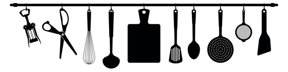 Kitchen rail with tools. Flat vector illustration isolated on white