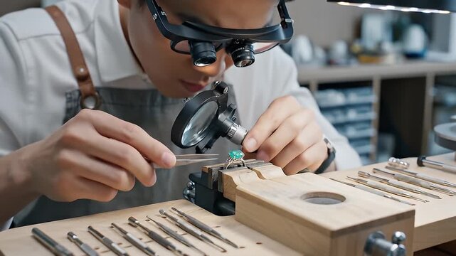 A skilled artisan carefully crafting a wooden object using precision tools in a well-equipped workshop environment