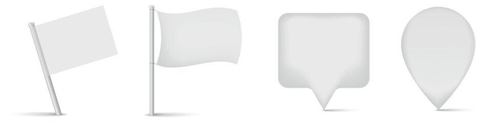 White blank flags and map pin pointers template. 3D realistic vector illustration isolated on white.