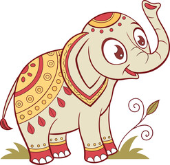 Decorative cartoon elephant with indian cultural ornaments and festive colors