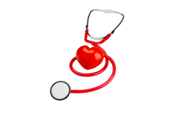 Stethoscope and red heart symbolizing care, isolated on white, PNG
