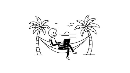 Digital nomad working in hammock on tropical beach illustration.