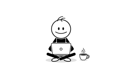 Stick figure working on laptop with coffee cup illustration.