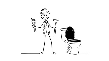 Stick Figure Plumber with Toilet and Tools Cartoon Illustration.