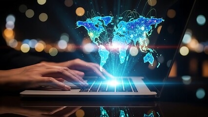 Global Connectivity - Hands on Laptop with World Map Projection.