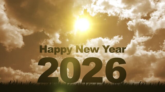 Silhouette text transitioning from 2025 to 2026 against a dramatic red sky with moving clouds. Happy New Year 2026