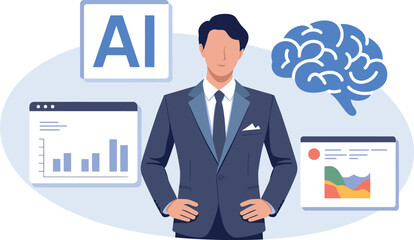 Man in suit with ai brain and data charts illustration art