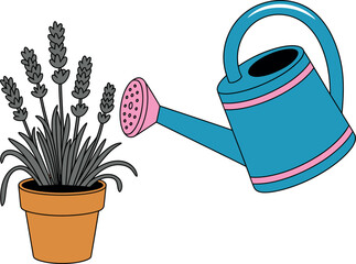 Watering can pouring water on potted lavender illustration
