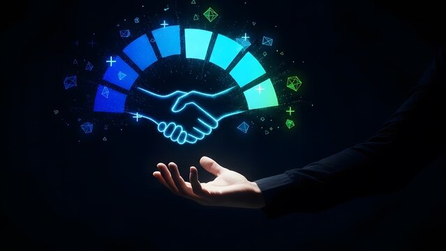 Digital handshake and glowing circular progress bar over a hand