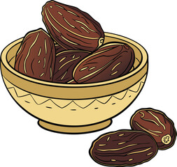 Bowl of dates isolated on black background. sweet dried fruit for healthy snack.