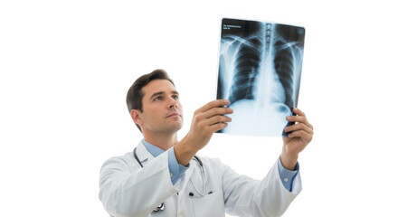 Doctor examining chest x ray isolated on transparent background