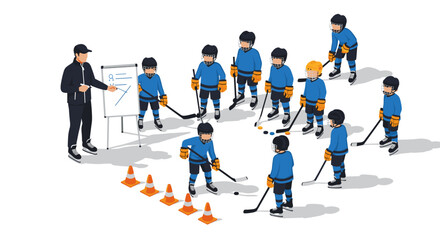 Youth hockey training session with coach explaining tactics to young players