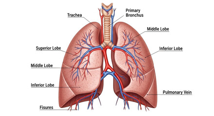 Anatomical illustration of human lungs and trachea isolated on transparent background