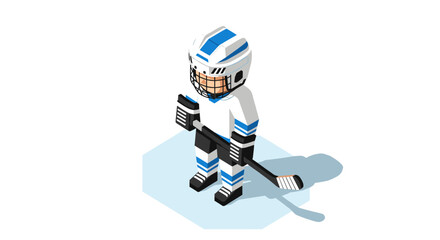 Isometric ice hockey player in blue and white uniform on hexagonal ice surface for sports design