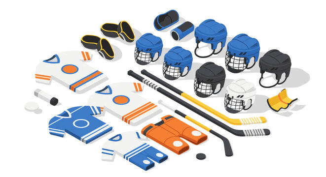 Isometric hockey equipment set with jerseys and helmets for sports design