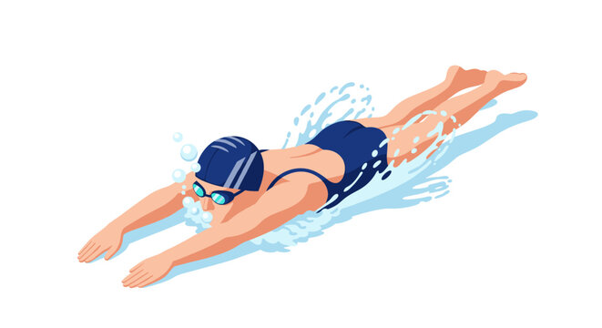 Swimming athlete in blue suit performing front crawl in water - illustration for sports and fitness design