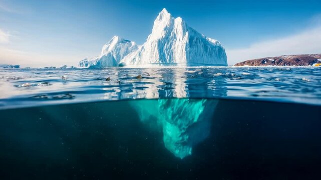 A massive iceberg is shown above and below the surface of the water revealing glowing turquoise ice and calm sea symbolizing climate change depth mystery and environmental awareness for powe