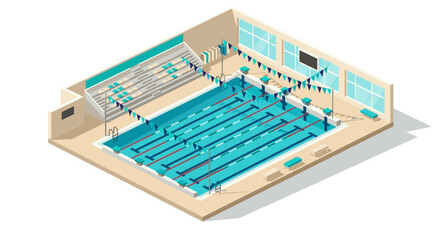 Isometric indoor swimming pool with lanes and spectator seating for athletic events and training