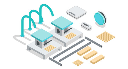 Isometric factory assembly line with automated machines and components for industrial production design