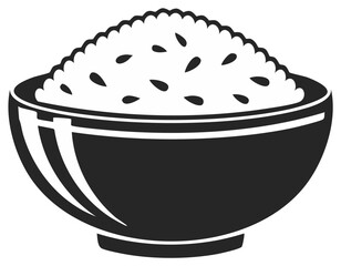 Stylized minimalist black and white icon of a serving of fluffy cooked white rice in a simple ceramic bowl depicting a staple food