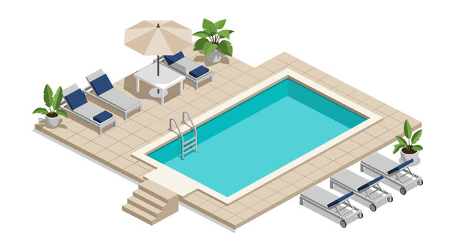 Isometric poolside relaxation scene with loungers and umbrella for summer design