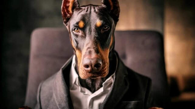A majestic dog dressed in an elegant suit sits in a moody office chair staring at the viewer blending animal portraiture business attitude humor and style perfect for corporate mascots creat