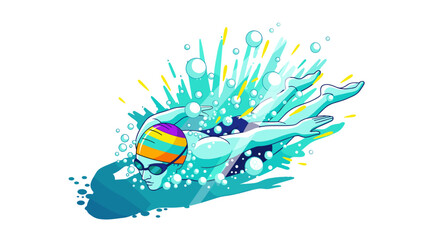 Dynamic swimming illustration with colorful swim cap and water splashes for fitness and sports design
