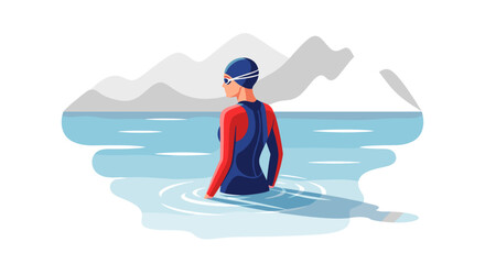 Swimmer in red and blue suit standing in calm mountain lake for adventure and outdoor sports illustration