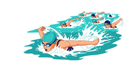 Competitive swimming team practicing butterfly stroke technique in water