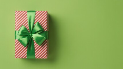 Overhead view of a red and white striped gift box with a green bow
