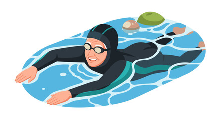 Elderly woman swimming in pool - active lifestyle and fitness concept