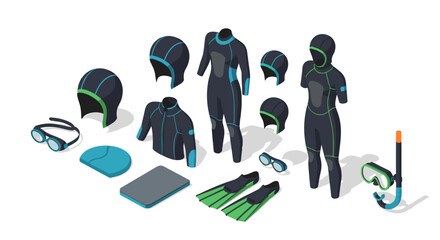 Comprehensive dive gear set featuring wetsuits, snorkels, masks, flippers, and neoprene accessories for underwater exploration and water sports