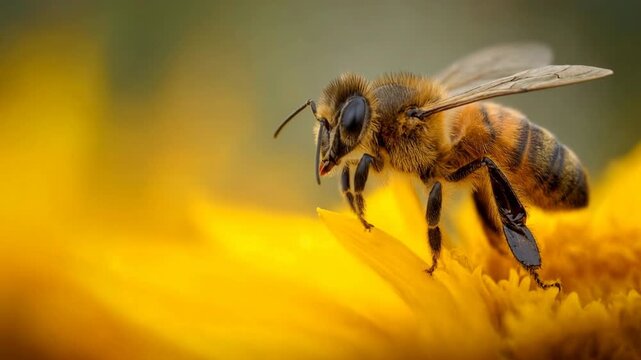 A macro shot shows a honey bee deep inside a golden yellow flower highlighting texture pollen delicate legs and shining wings ideal for ecology education farming stories and vivid nature the