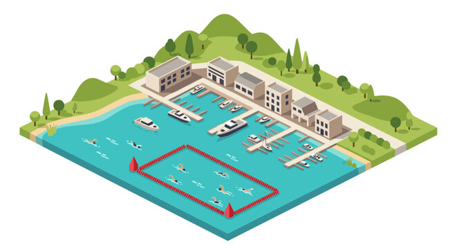 Coastal marina isometric illustration showing boat docks and swimming area in tranquil natural setting