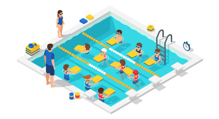 Isometric children's swimming lesson in pool with instructor and kids practicing water safety