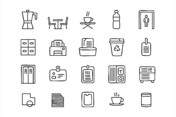 Minimal workplace symbol pack with coffee, recycling and seating
