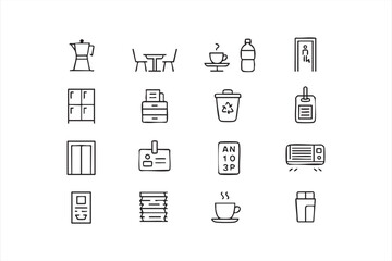 Office breakroom essentials icon set for corporate workspace design
