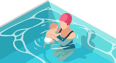 Mother and baby swimming lesson in pool - family bonding and water activities illustration for children's safety and recreation