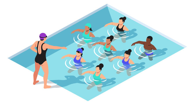 Isometric aquatic fitness class illustration for health and wellness promotion