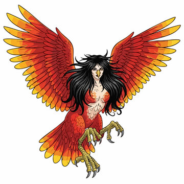 Mythological sirin creature with red and yellow plumage against white background. Sirin in flight, with features combining bird and human elements, provides unique depiction of legendary being.