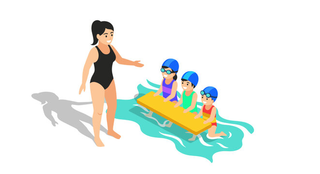 Swimming instructor teaching young children with kickboard in pool
