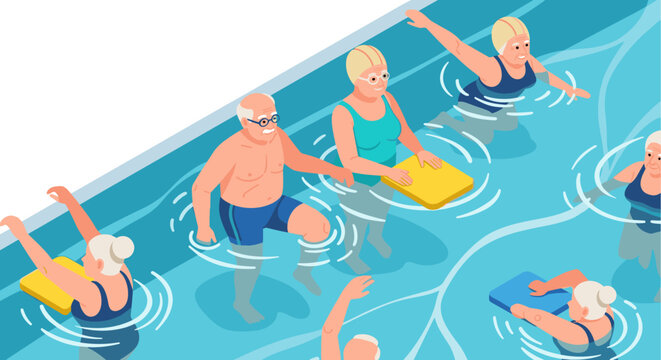 Senior aquatic exercise class in pool with elderly participants engaging in water aerobics for fitness and health