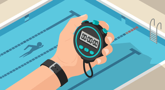 Swimming training and timing concept with stopwatch at poolside for sports coaching and competition preparation