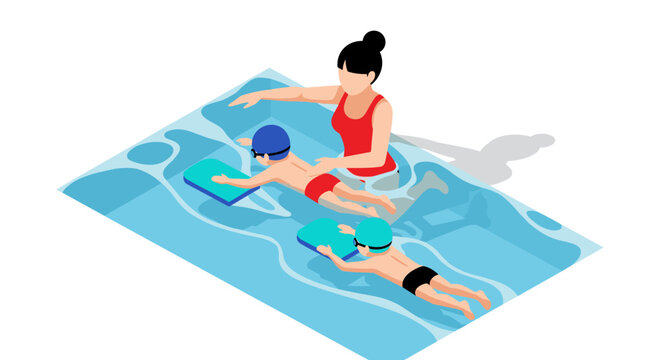 Swimming lesson with instructor and kids in pool illustration for education and training design
