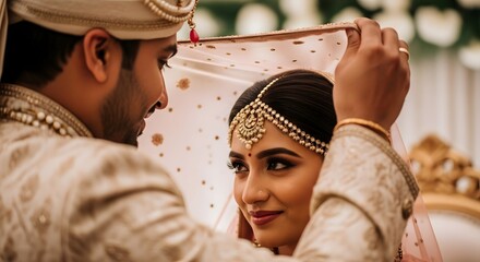 Groom lifting dupatta unveiling indian bride's tender face
