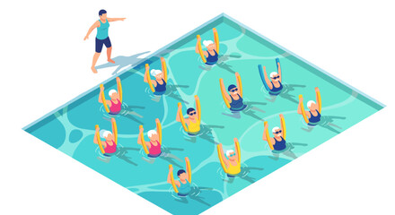 Senior aqua fitness class with enthusiastic instructor in swimming pool for health and exercise