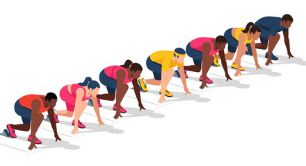 Diverse group of runners at starting line in competitive race illustration