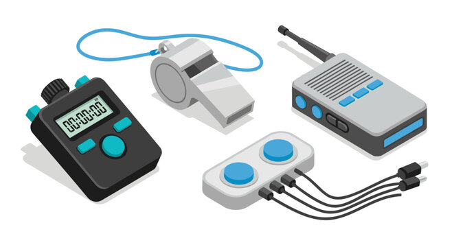 Sports equipment icons with stopwatch whistle and walkie talkie for fitness training and communication design