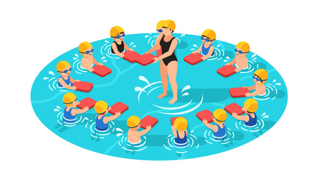 Swimming lessons for kids with instructor in pool - water safety and fun for children