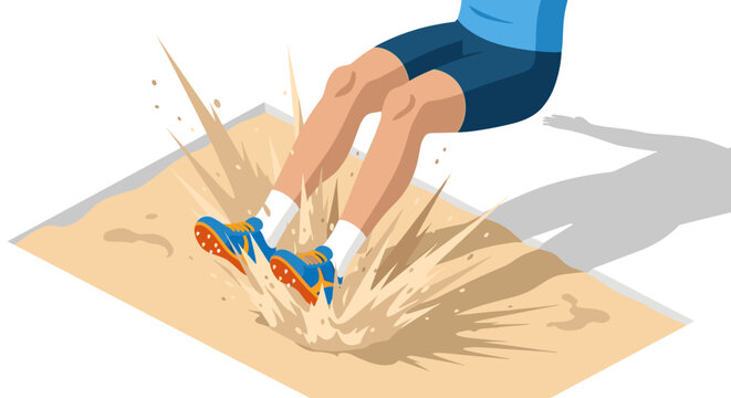 Athlete long jumping into sand pit with dynamic splash effect for sports event design